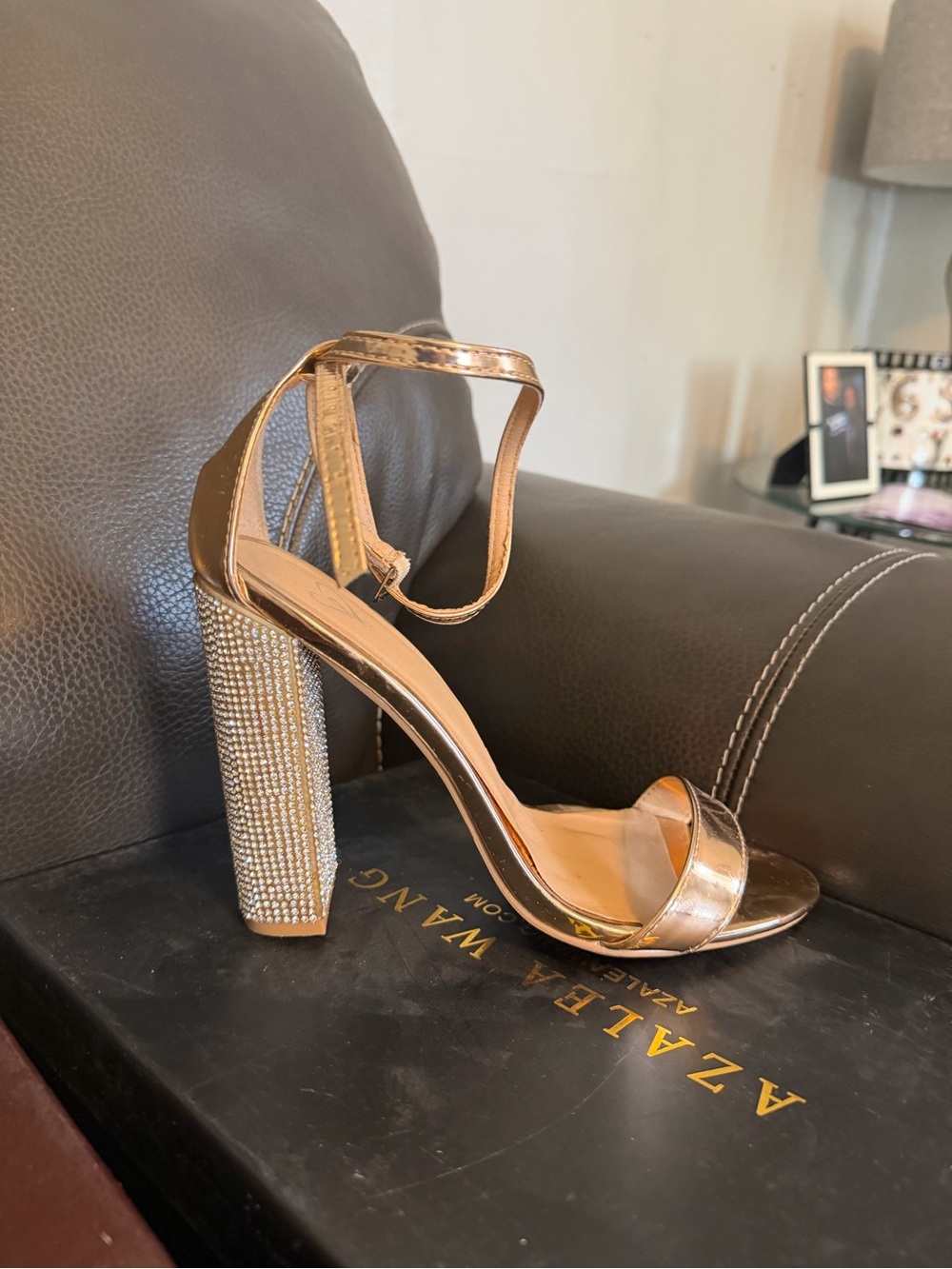 Metallic Rose Gold Ankle-Strap Block Heel Sandals